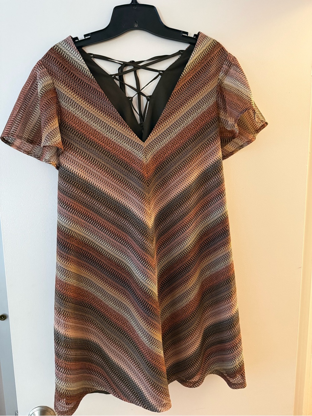 Women's V-Neck Striped Dress in Brown Multi Medium
